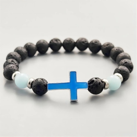 Glow in the Dark Blue Cross and Black Volcanic Stone Bracelet - Picture 3 of 3